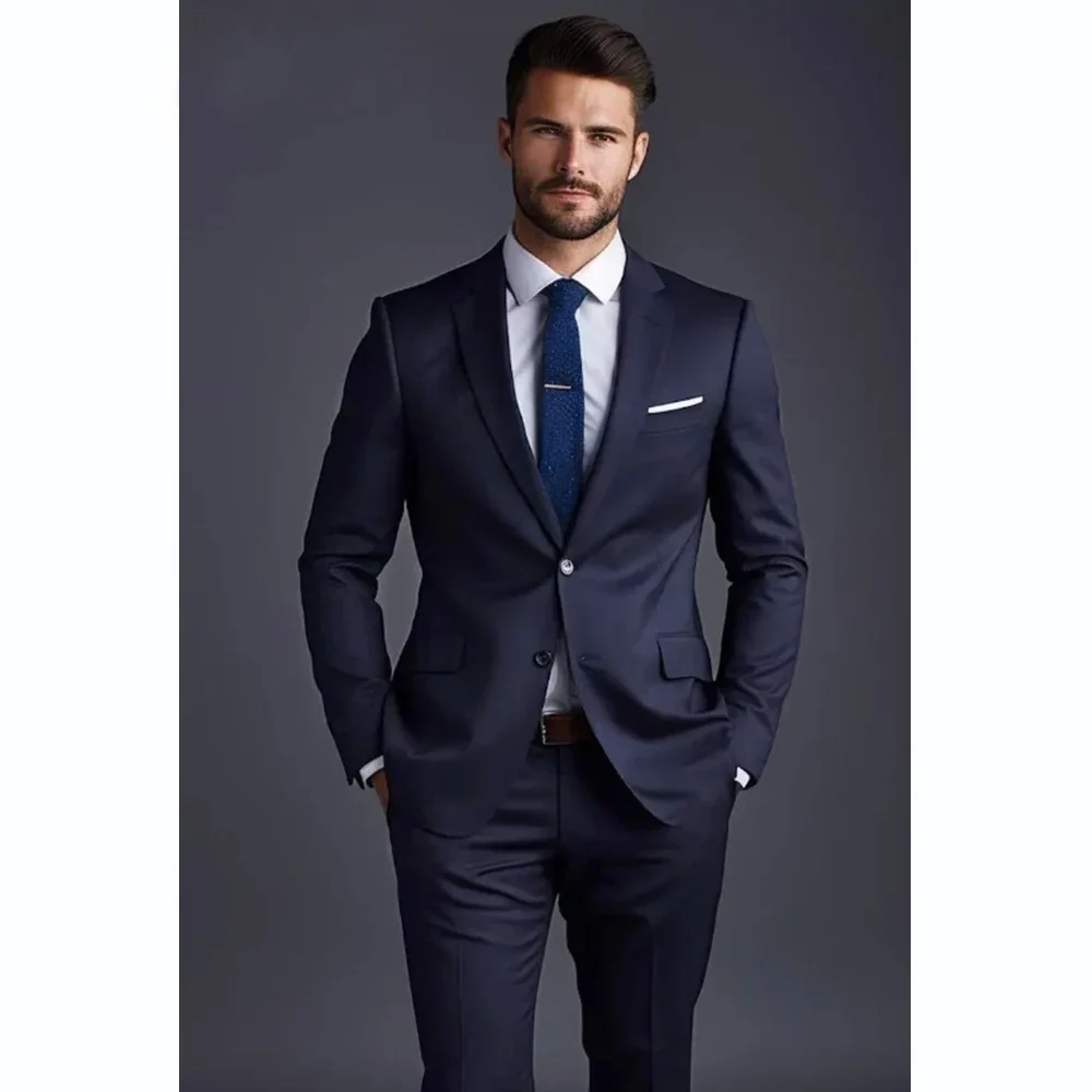 Handsome Navy Blue Men Suit Fashion Notch Lapel Single Breasted 2 Pcs (Jacket+Pants) Business Casual Office Daily Male Clothing