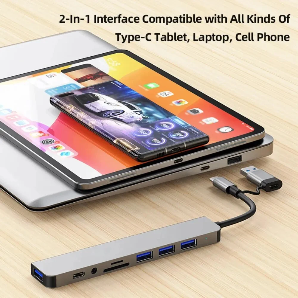Hub USB C 3.0 Aluminiowy Rozdzielacz USB 7 w 1 z 1 Portem USB 3.0, 4 Portami USB 2.0 i 2 Portami USB C do Laptopa PC — zdjęcie 3