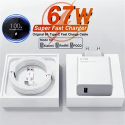 67W Super Fast Charger for Xiaomi 11 Lite 12 13 14 for Redmi Note 10 11T 12T 13 Pro Type C Quick Charging Cable