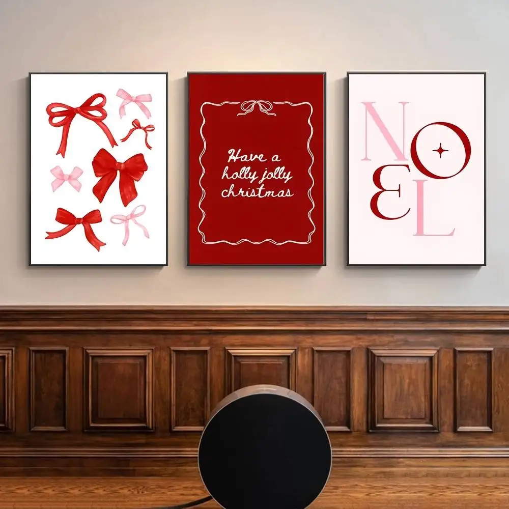 Red Pink Bow Christmas Wall Art Prints Watercolor Ribbon Bow Noel Typography Xmas Quote Posters for Living Room Holiday Decor
