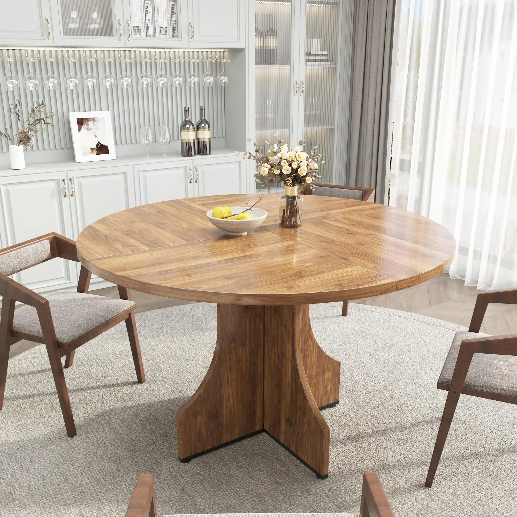 47.2 Inch Round Dining Table for 4-6 People, Wooden Dining Room Table with 4 Curved Stable Pedestal Legs, Circle Kitchen Tables for Dining Room & Living Room Easy to Assemble ﻿