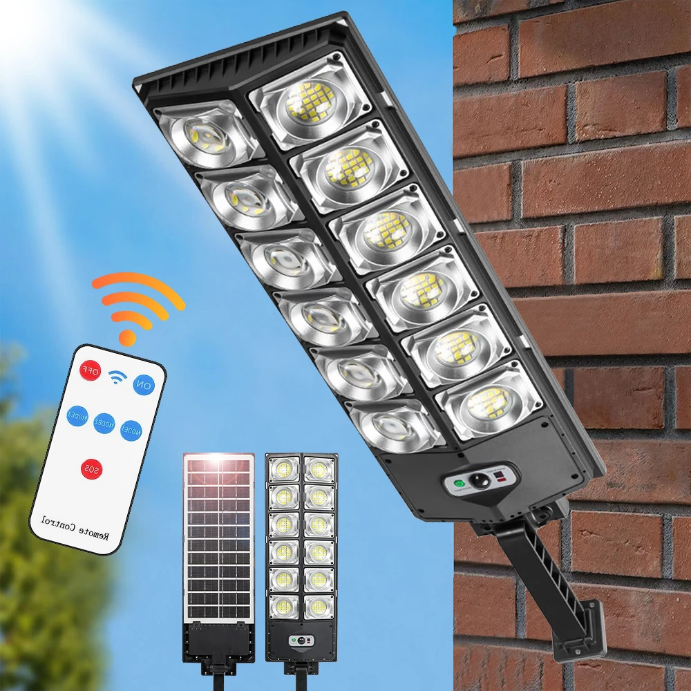 مصباح شارع بمستشعر بالطاقة الشمسية في الهواء الطلق فائق السطوع 3 أوضاع إضاءة أمنية مقاومة للماء لمسار فناء الحديقة وجهاز التحكم عن بعد