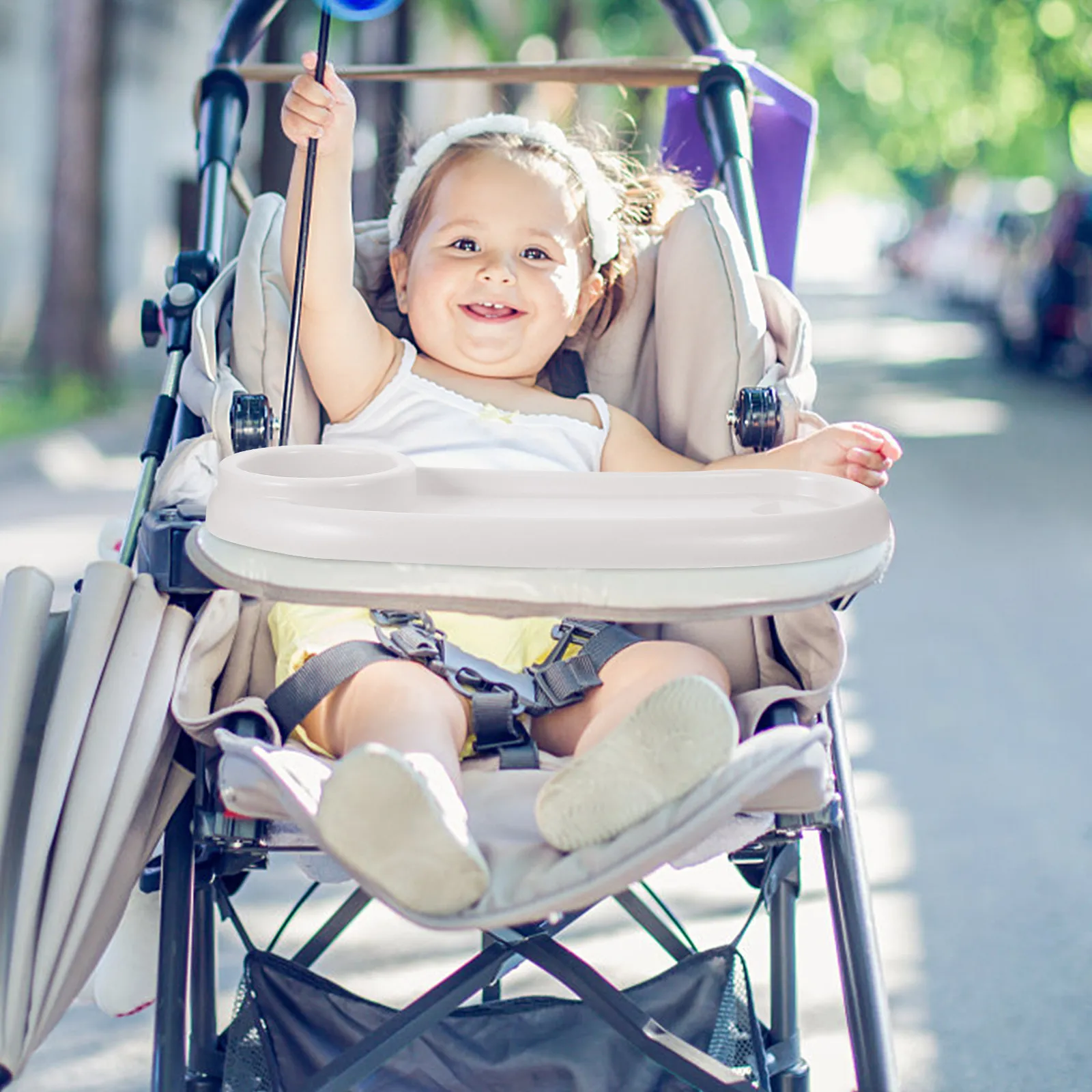 

Universal Detachable Baby Stroller Food Tray with Cup Holder for Snacks Drinks Meals Portable Easy Clean Plastic Stroller