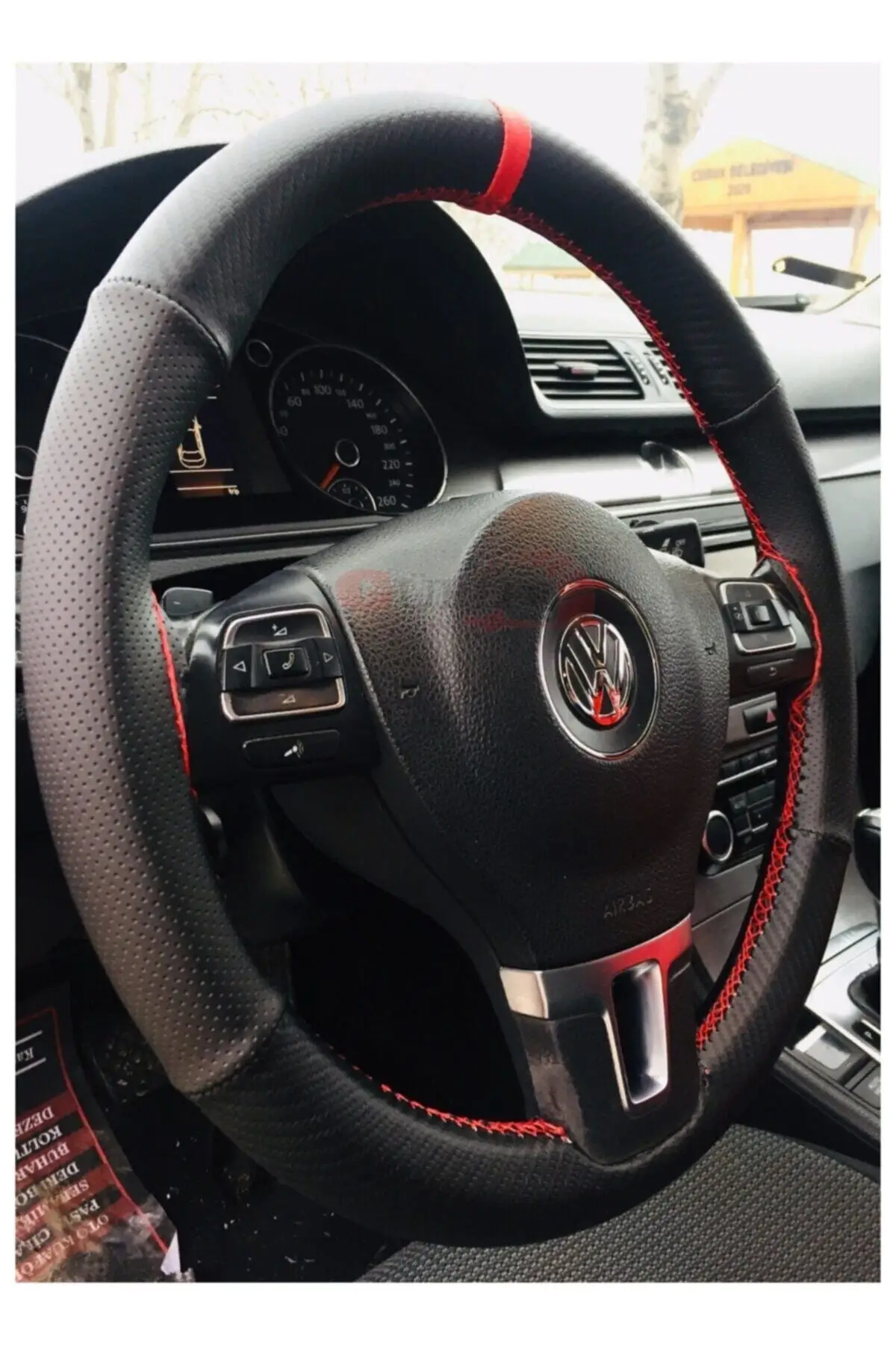 Carbon Sew Leather Steering Wheel Cover with Wrap Stitched Stud Point Carbon Red Thread