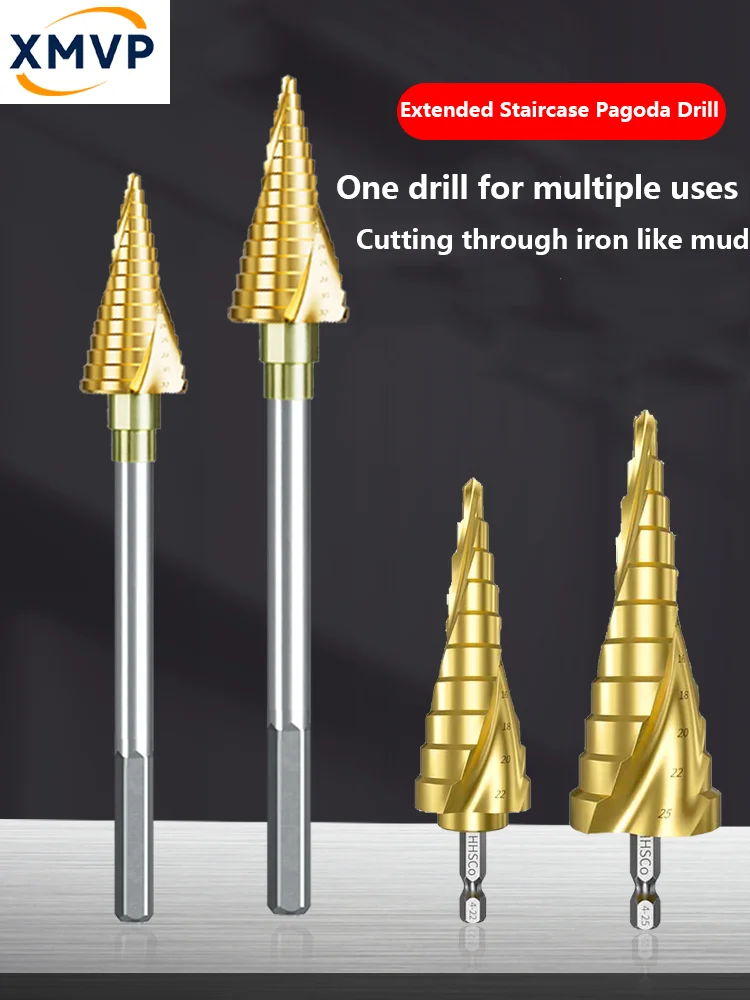 Punta da trapano pagoda estesa, trapano a mano, apri foro a spirale per la lavorazione del legno ad alta durezza, trapano a gradini, lamiera di ferro conica e boa per legno