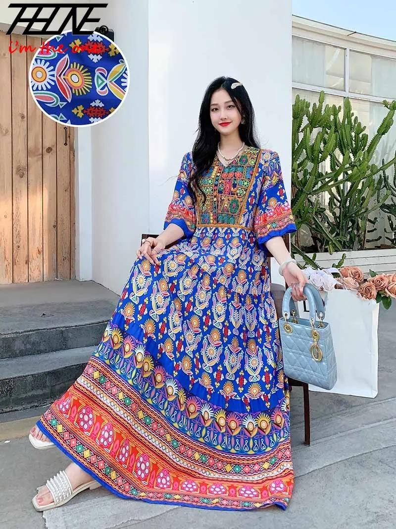 Women Dresses Vestidos Femenino Maxi Long Embroidery Party Para Mujer Summer Elegant Holiday Boho Floral Print Vintage Dresses