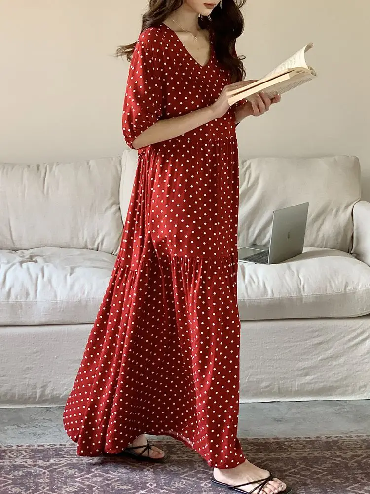 Summer Sleepwear Ladies Silk Cotton Long Skirt Short Sleeve Casual Home Clothes Outdoor Wearable V-neck Print Thin Fabric