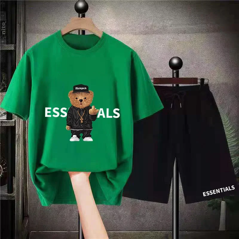 2023 Essential T-Shirts Short Suits Mens Oversized Summer Tracksuits Casual Streetwears Korea Style Bear Cotton Man T-Shirt Sets