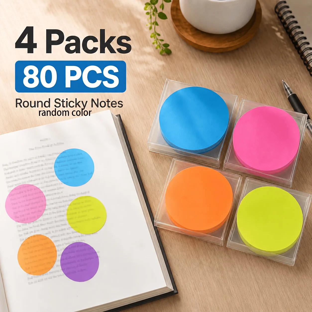 4 packs of 80 circular transparent sticky notes, colored writable notes, student ledger markers, index stickers, office memos