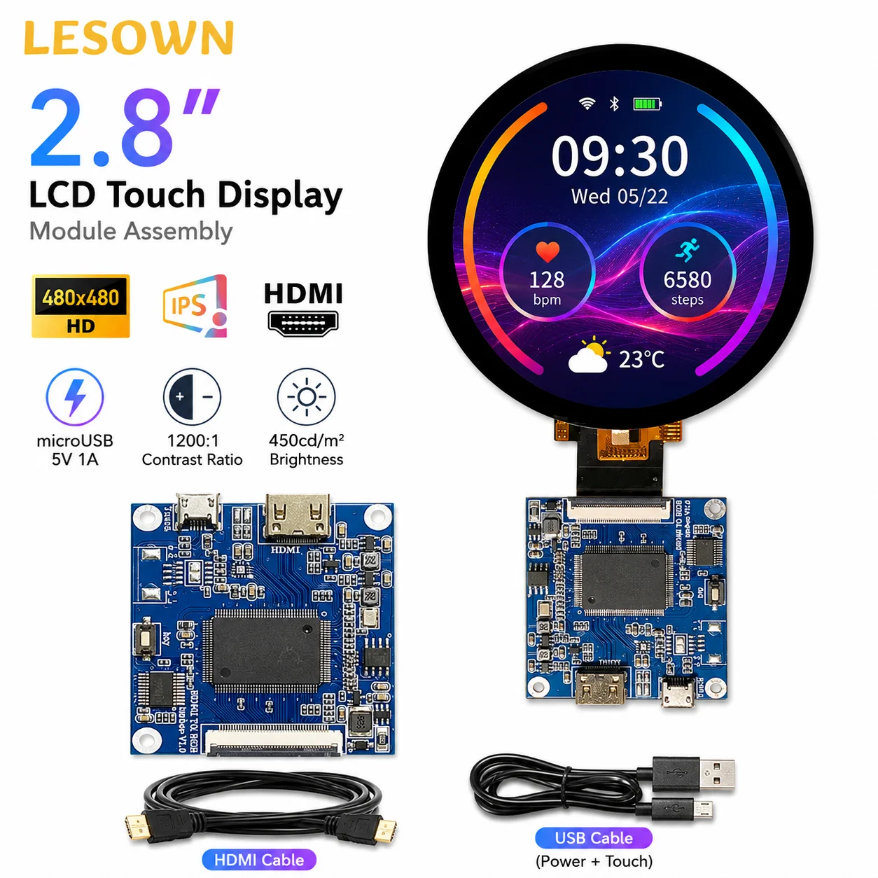 LESOWN 2.8in Touch Display Module 480*480 1:1 Square Screen miniHDTV microUSB 5V Zero Setup Panel for Hardware Monitor