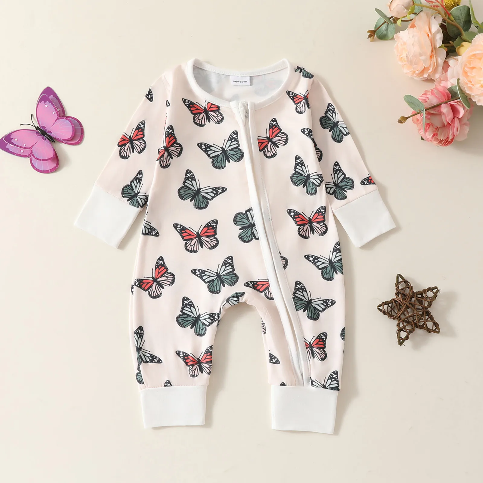 Baby Girl Butterfly Print Romper Round Neck Long Sleeve Full Length Zipper Front Sweatshirt Jumpsuit for Fall Long Sleeve Outfit