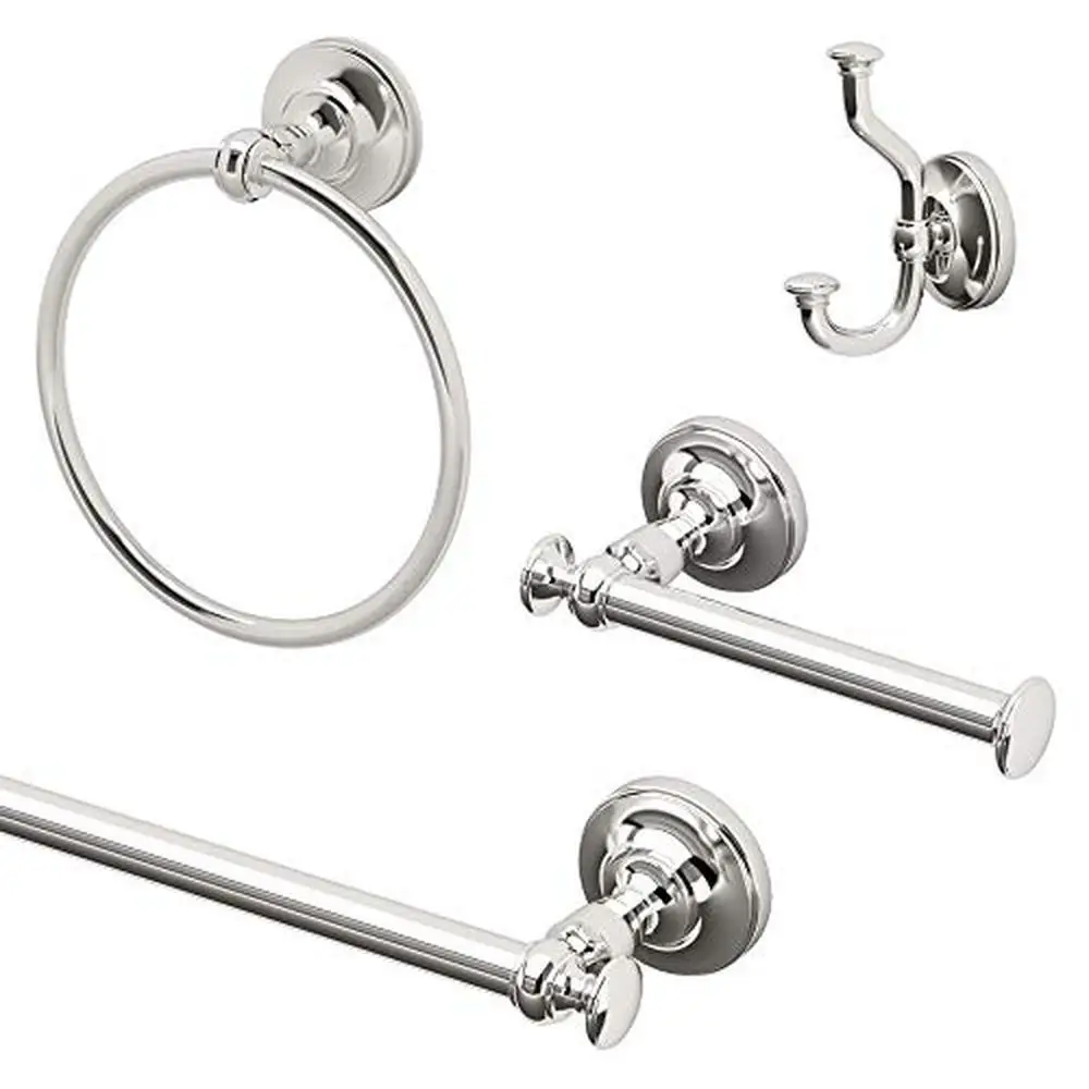 Bathroom Accessory Set 4-Piece Towel Bar Ring Paper Holder Robe Hook Polished Nickel