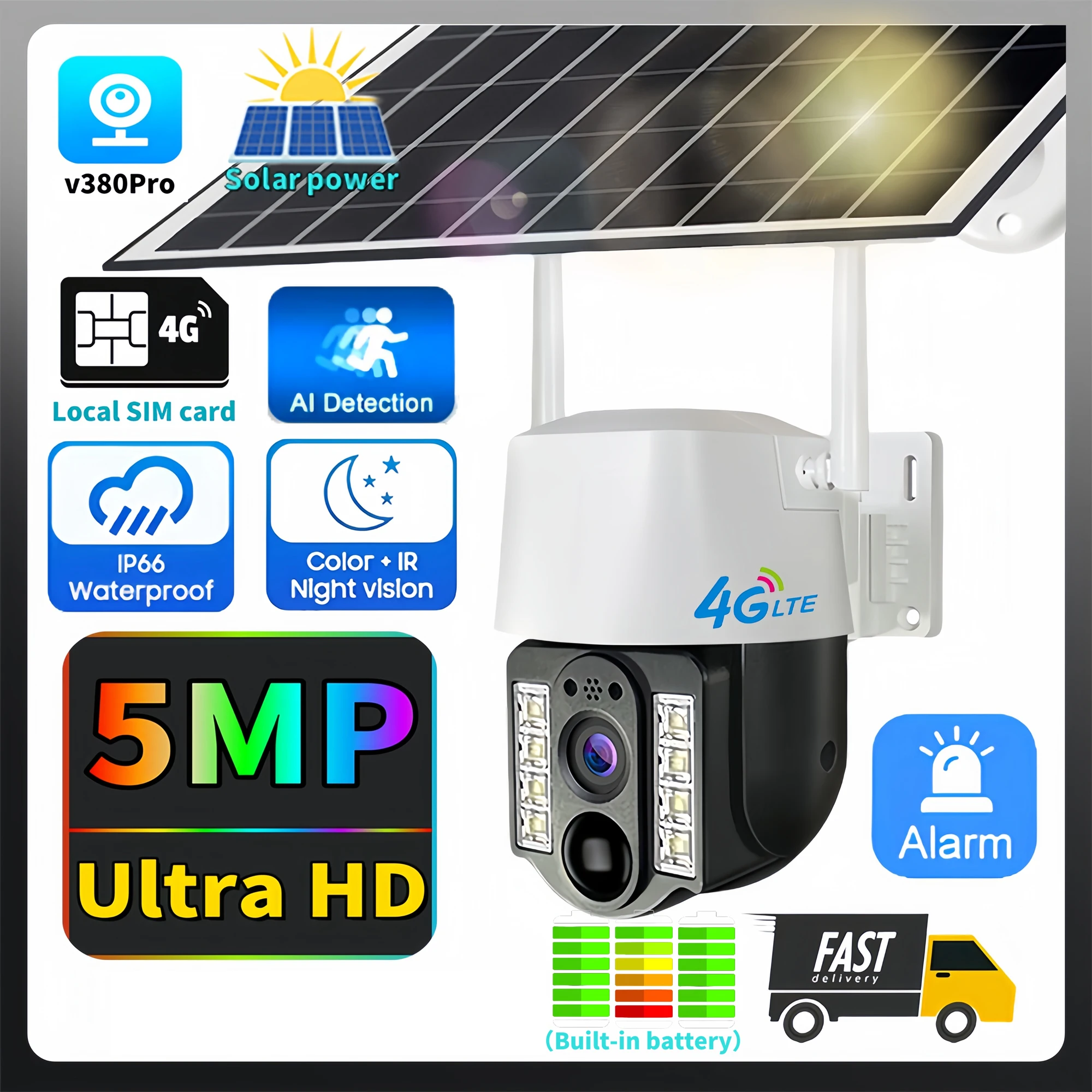 5MP HD 2K 4G SIM Card IP Solar Powered Camera Home Security Solar Camera Rechargeable Outdoor Waterproof V380 Solar Camera