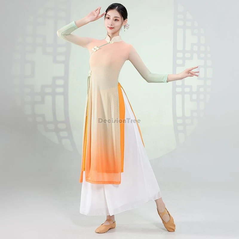 

2024 classical dance gradual qipao traditional ethnic dance vintage fairy gauze set chinese dance practice performance garment