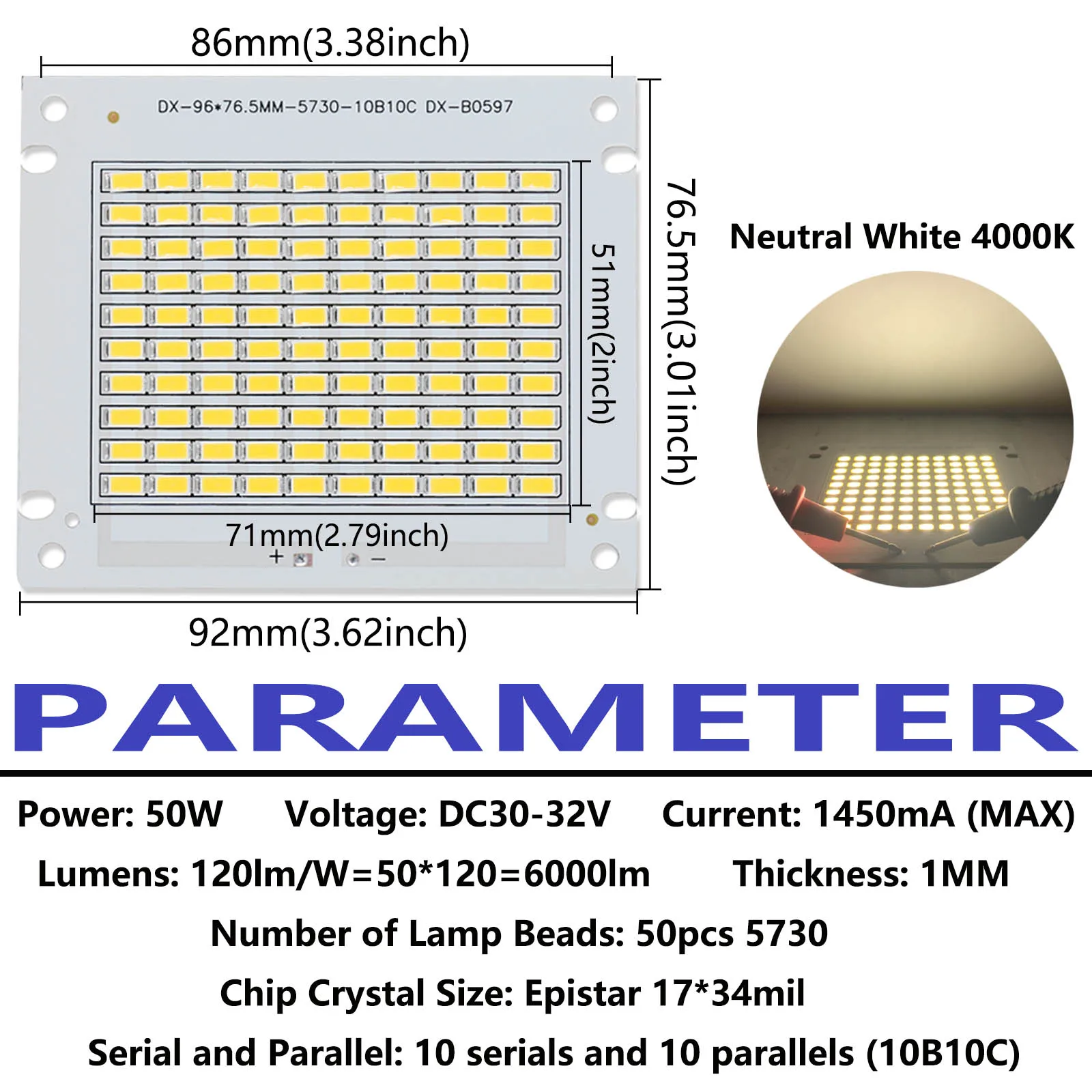 LED Beads COB Diode DC30-32V 5730 50W 1450mA 6000lm Epistar PCB LED per proiettori faretti lampada da giardino illuminazione esterna fai da te