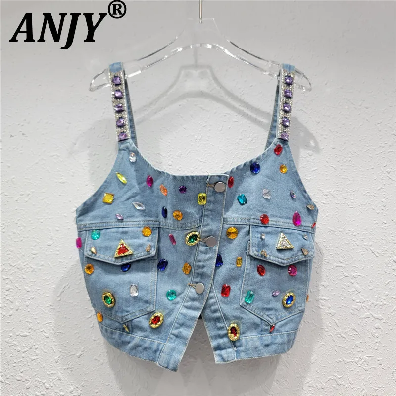 

ANJY, летняя новая женская сексуальная джинсовая майка с перекрестными ремешками для девочек, верхняя одежда, модная нишевая короткая жилетка без рукавов с тяжелым бисером A13580