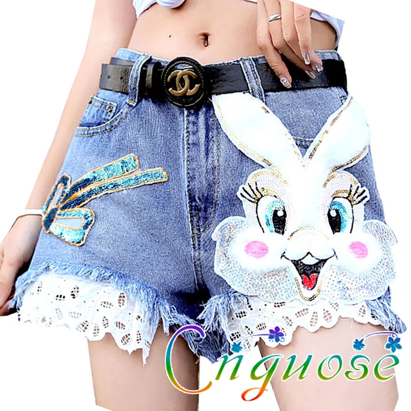 Korean Girl's Cartoon Casual Denim Shorts Jeans Summer Female Cute Rabbit Pattern Straight Leg Wide Leg Hot Pants two piece set