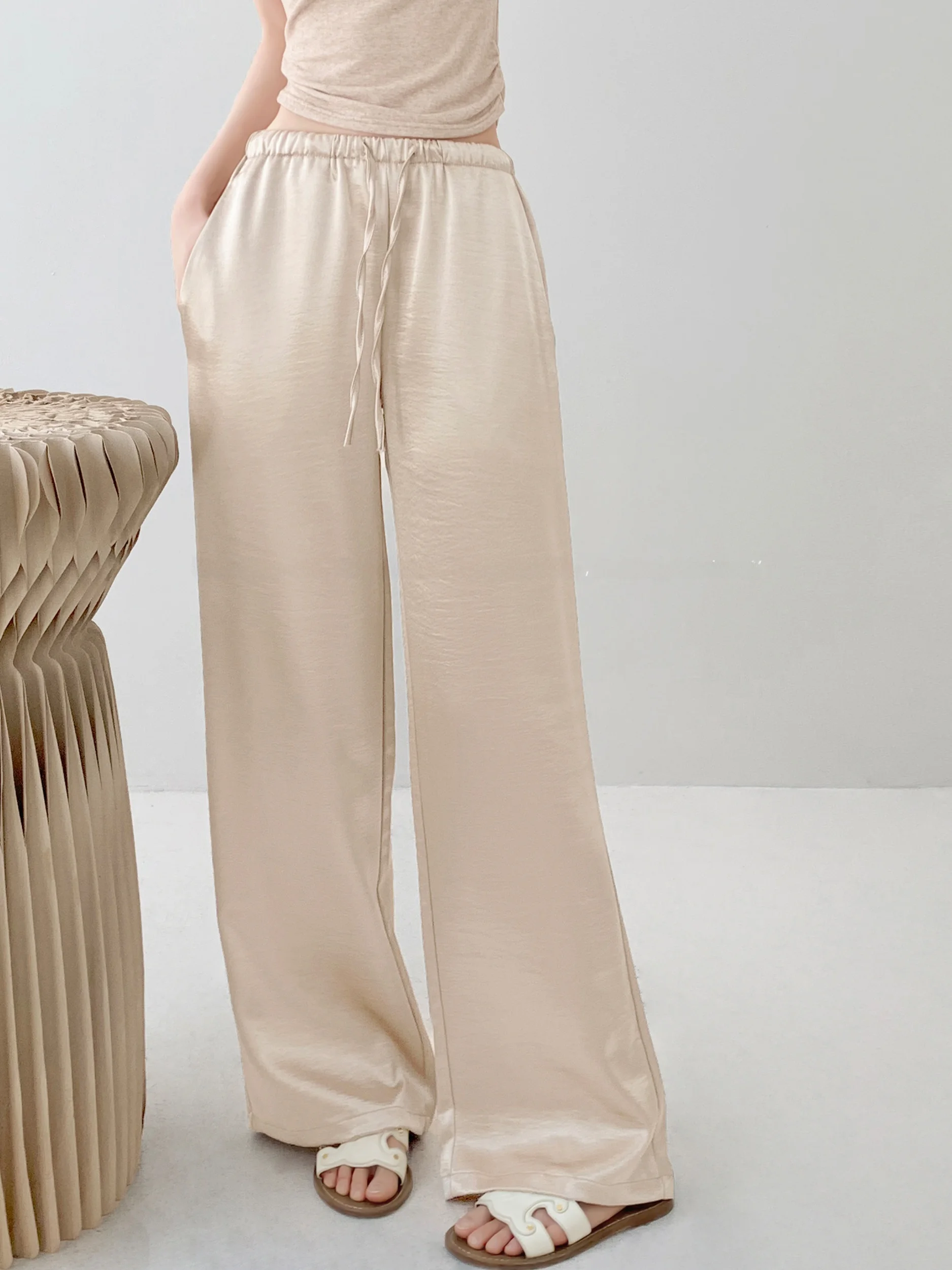 

Женские летние брюки Ele свободного кроя с широкими штанинами, высокой талией, на шнурке, прямые, из ледяного шелка, атласные, струящиеся, повседневные