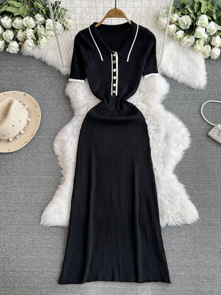 OCEANLOVE Knitted Spring Summer Long Dresses Contrast Color Fashion Vintage Sexy Vestidos Elegant Stripes Buttons Women Dress