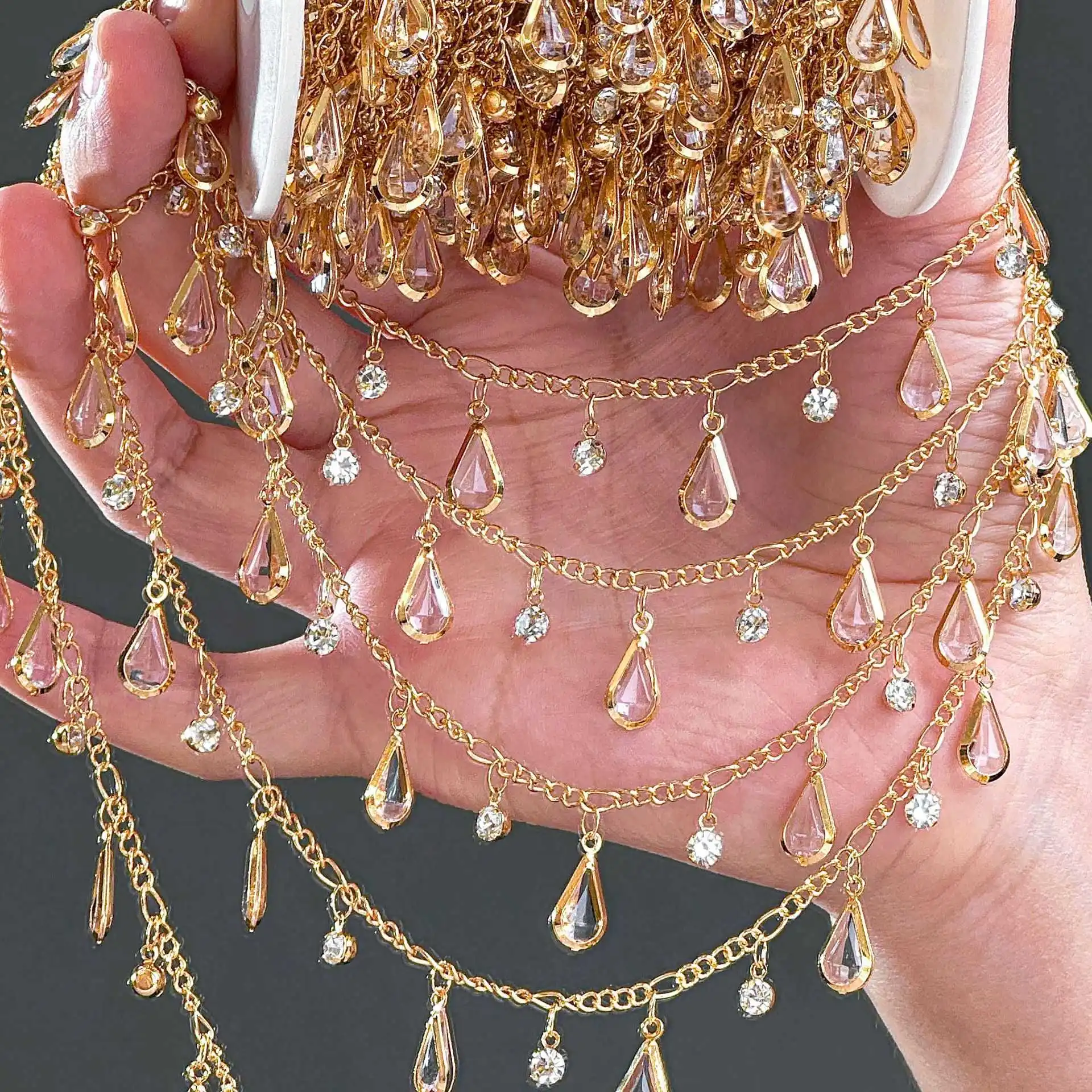 0,5/1/2M Klare Kristallweiße Wassertropfen-Quastenperlenkette DIY Halskette Kopfschmuck Schmuck Kleidung Wohnaccessoires – Detail 10