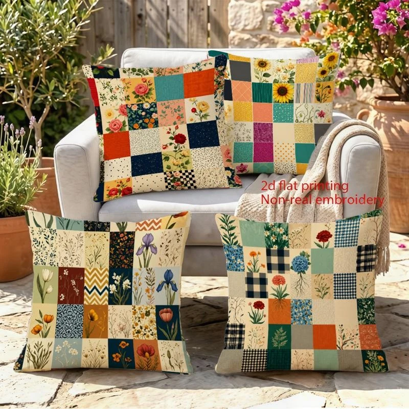 4pc Vintage Floral Patchwork Throw Pillow Covers Boho Cottage Style Square Decorative Cushion Cases for Home Sofa Patio Decor