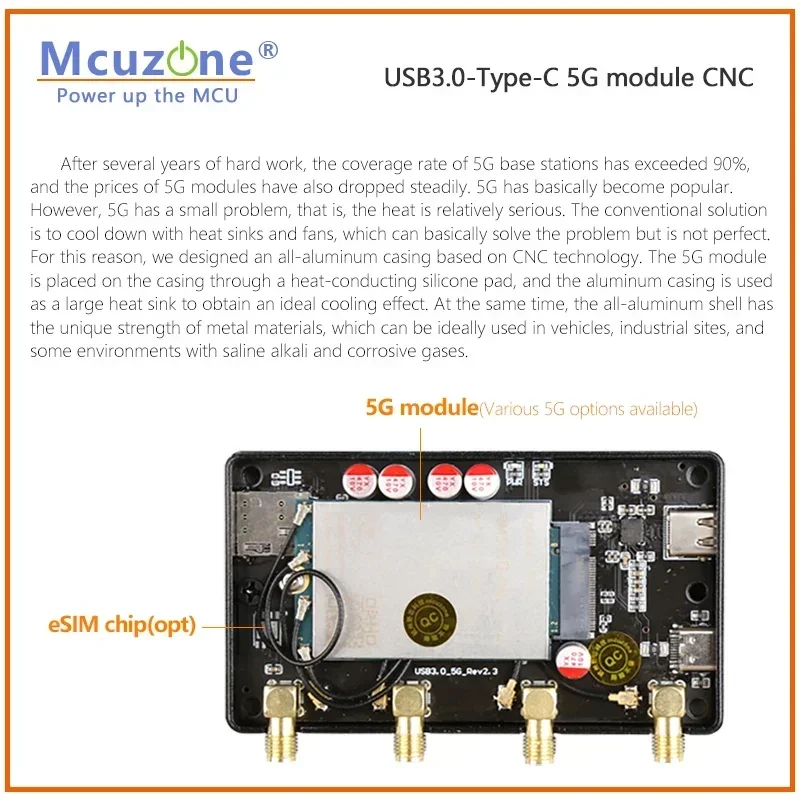 (الطراز: MR5U3C) وحدة USB3.0 Type-C 5G حافظة معدنية CNC، التوصيل والتشغيل لـ x86، Mac OS، RPi OS، ubuntu، win10/11، RM520N-GL، FM160-EAU