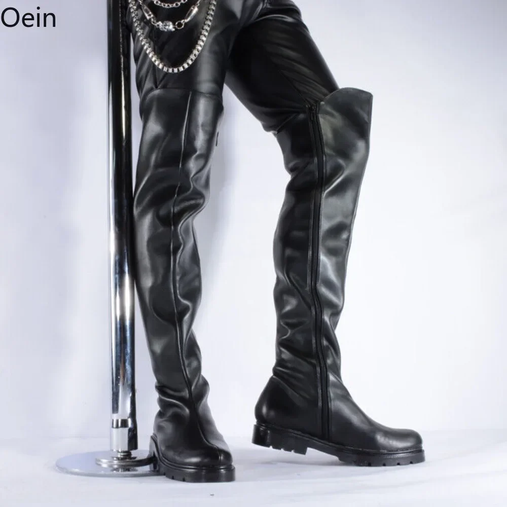 Men\'s Leather Over Knee Riding Boots Zipper Side Round Toe Nightclub Dance Shoes