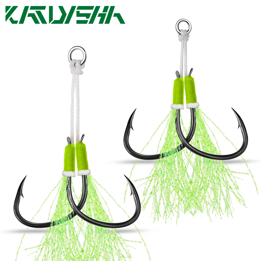 

KATYUSHA 10Set Slow Jig Assist Hooks 1/0 2/0 3/0 4/0 Metal Jigging Double Hook Carbon Steel Double Fishhook with PE Line Feather