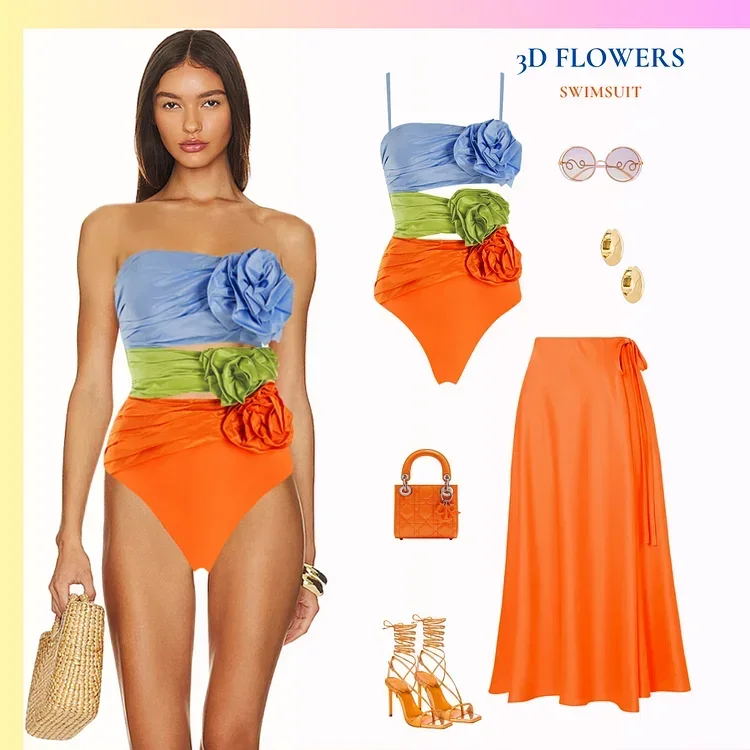 3d Bloemen Kleur Blok Een Stuk Badpak Zomer Badmode Jurk Vrouwen Strandkleding Elegant Badpak