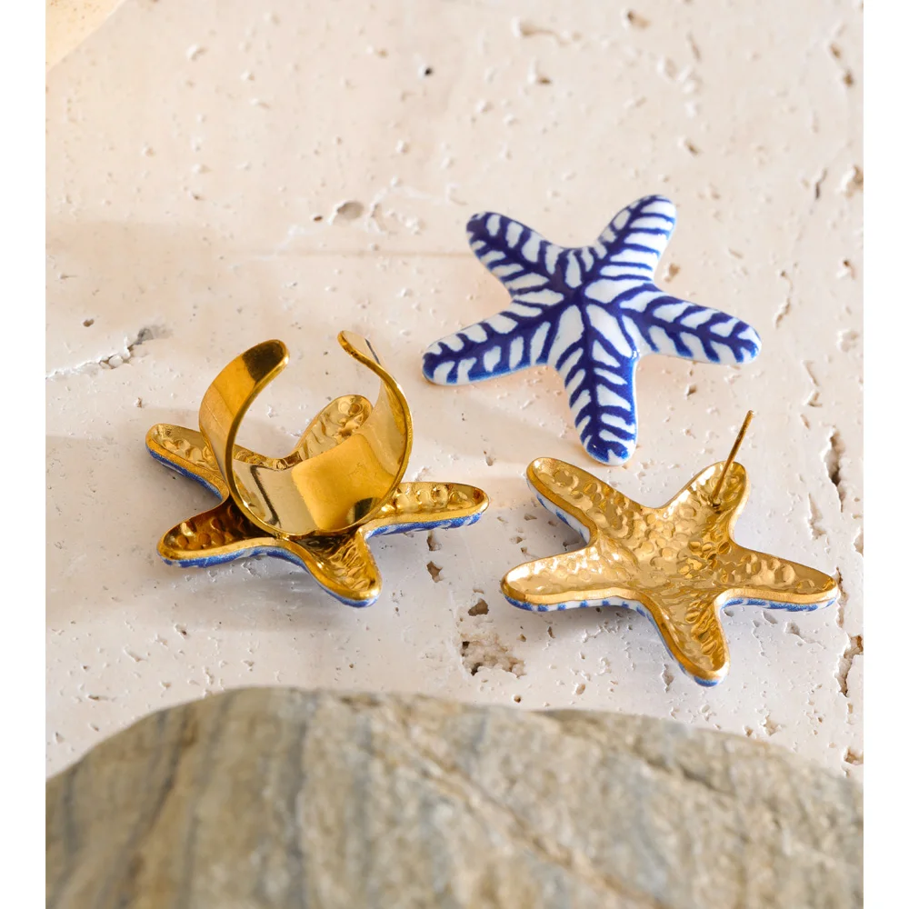 Blue Imitation Ceramic Starfish Stud Earrings & Ring Set