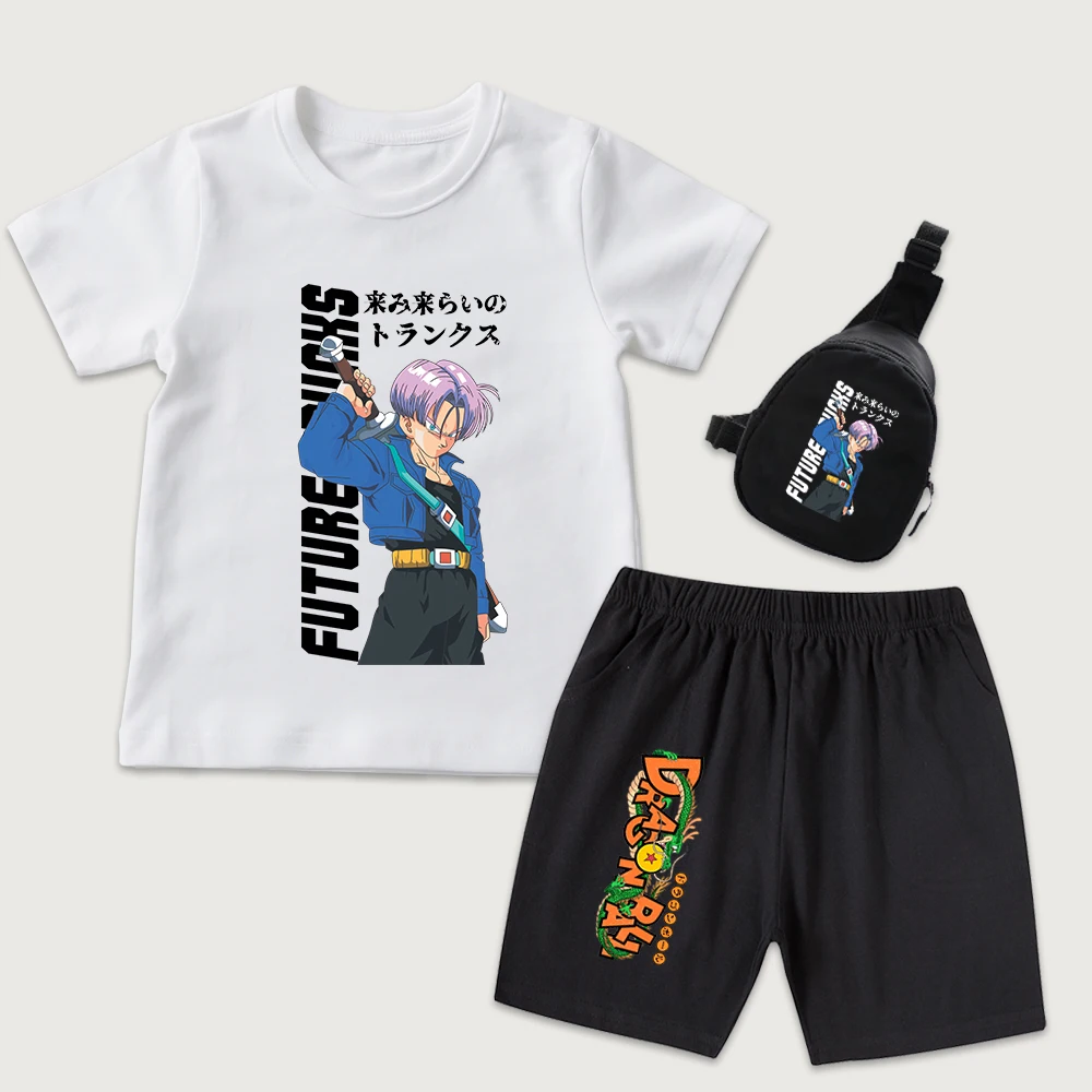 Dbz Trunks Anime Print Kids Boys Girls Cotton T Shirt Shorts Set Mini Chest Bag 3Pcs Set Casual Summer Outfit Children Clothing