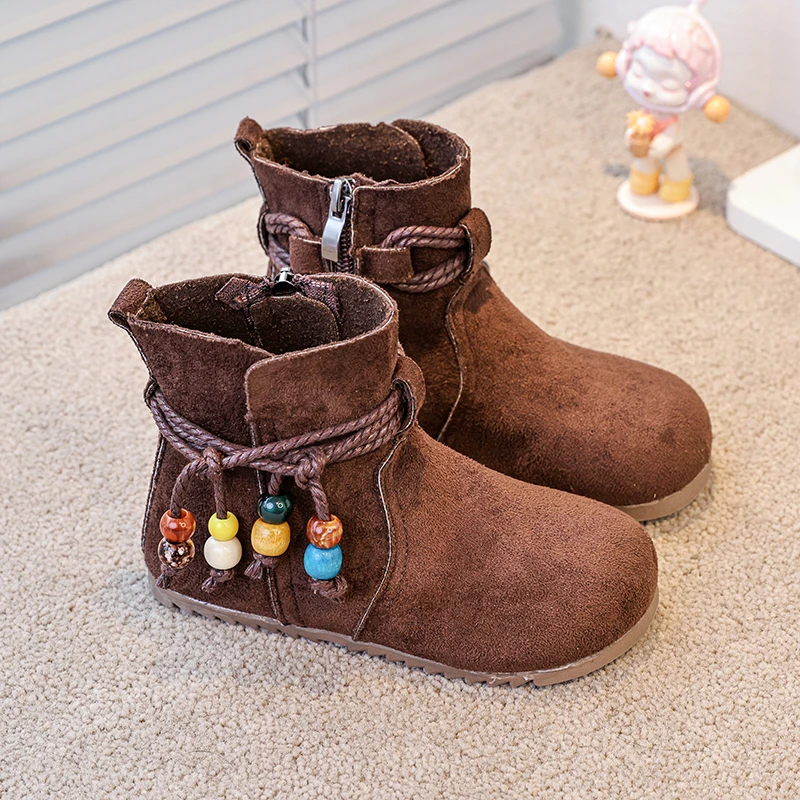 Children's Ankle Boots Casual Suede Leather Short Boots Vintage Comfortable Walking String Bead Shoes Girls Western Kids Booties