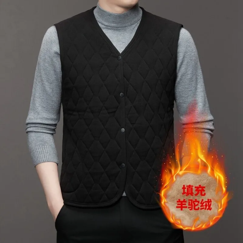 Autumn Winter Velvet Quilted Vest Men Cold Proof Sleeveless Button Casual Jacket Warm Thickened with Pocket Cotton-padded Vest