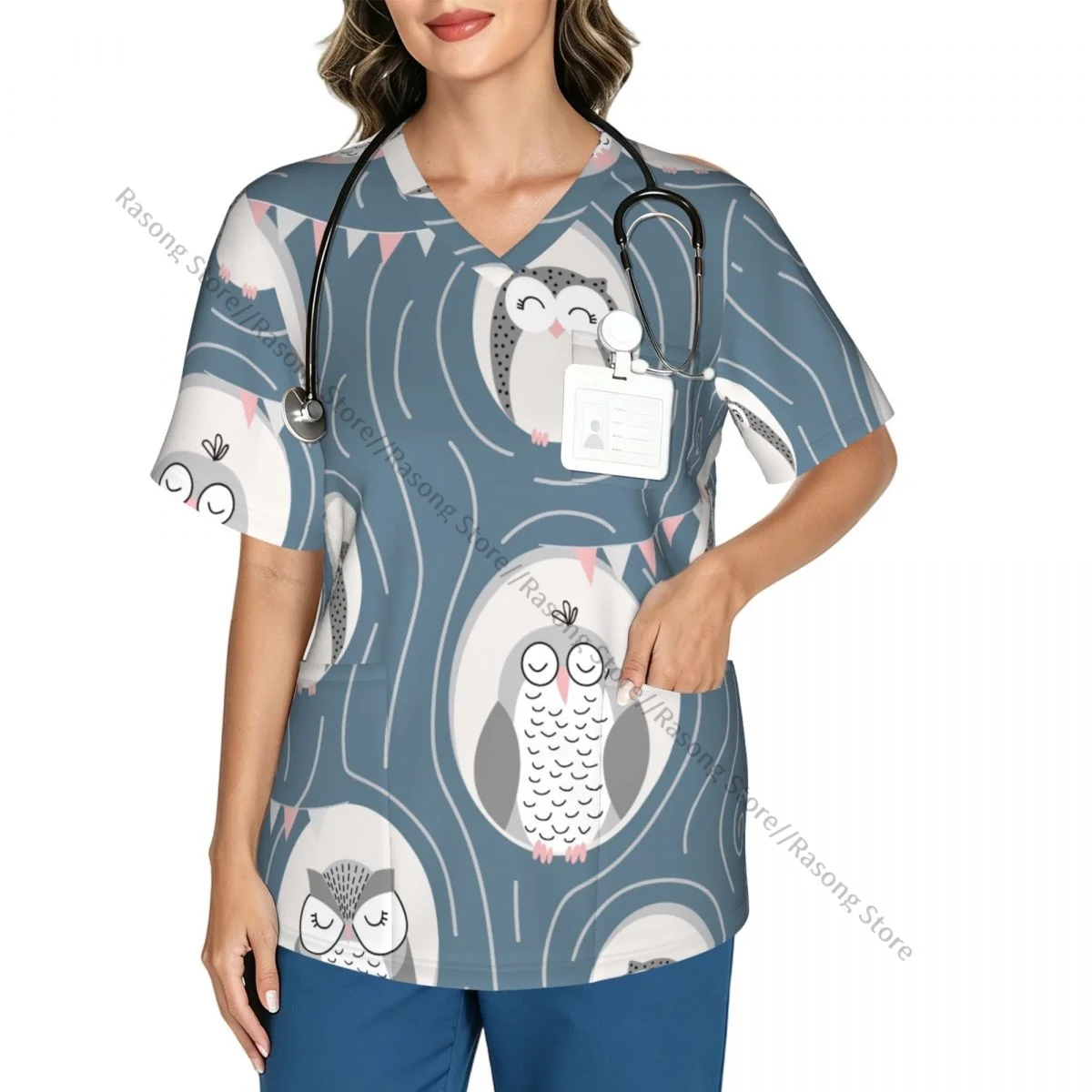 Women's Medical Scrub Top V Neck Short Sleeve Cute Owls Sleeping In Tree Stretch Nursing Uniform for Hospital Clinic