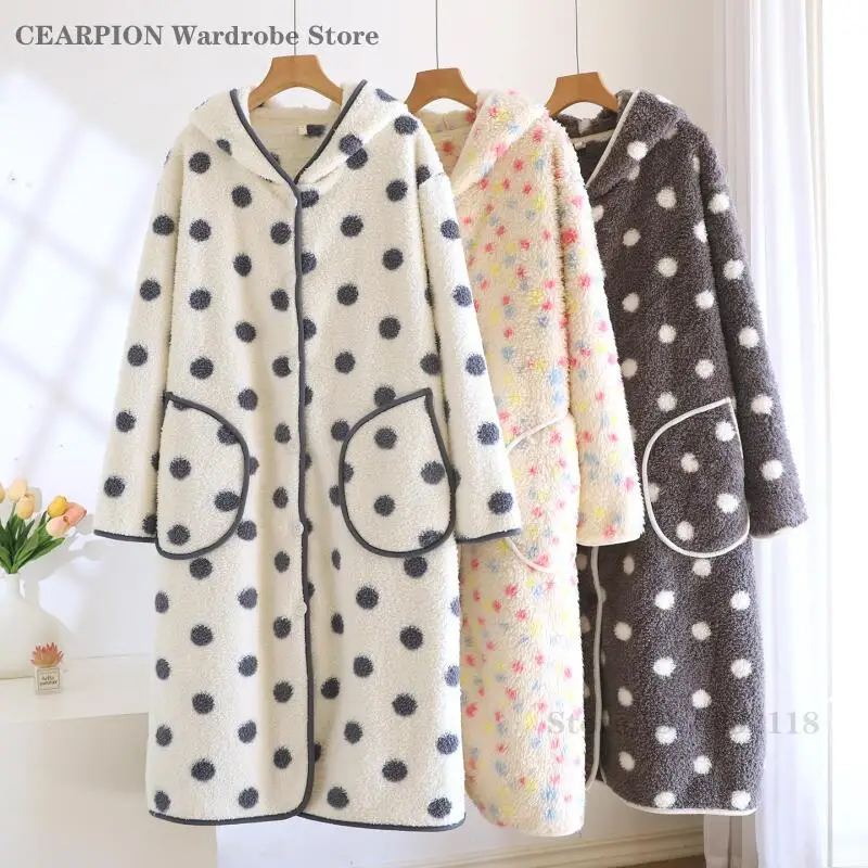 

Hooded Robe Nightgown Winter New Coral Fleece Nightdress Simple Polka Dot Home Dressing Women's Thick Bathrobe Flannel Sleepwear