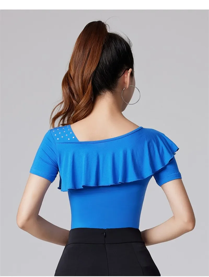 Solid Color Latin Dance Costume Evening Tops Tango Jazz Rhinestones Wear Waltz 2024 New Belly Woman Short Sleeve Ruffle T-shirt