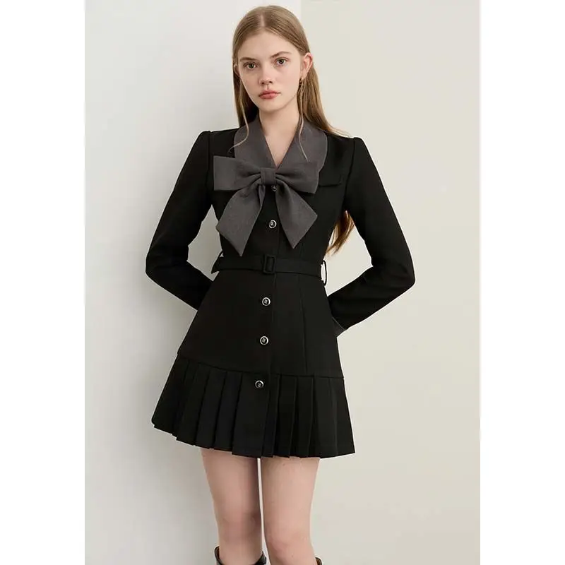 [حزام مجاني مع بطانة] سترة نسائية جديدة للخريف والشتاء بخصر على شكل فيونكة قصيرة ورغبة نقية للرياح