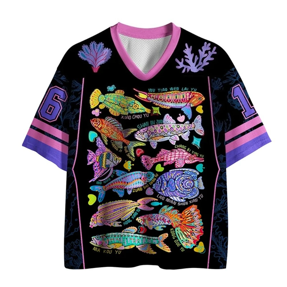 Colorful Fish School 3D Printed Men's and Women'sQuick Drying TShirt No. 61 Fun Small Fish Loose V-neck Short Sleeve Ocean Trend