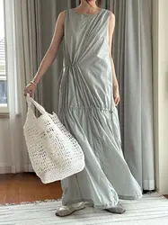 Spring and summer women's casual solid color square neck sleeveless loose fitting dress