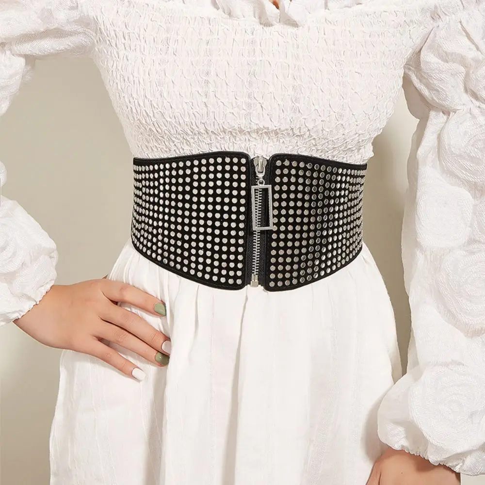 Fashion Rivet Elastic Cummerbund Belt Knitted Black Wide Waistband Slimming Body High Waist Ladies Zipper Waist Belt Decorative