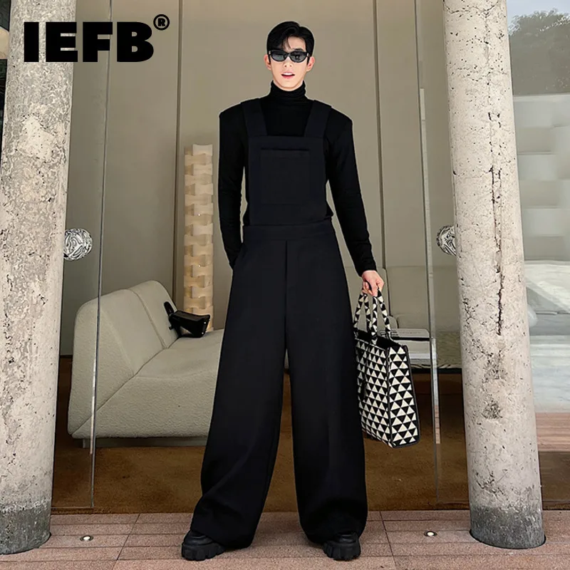 

IEFB Designer Korean Fashion Woolen Jumpsuit Menwear Casual Wide Shoulder Strap Wide Leg Overalls 2023 Autumn Personality 9C2564