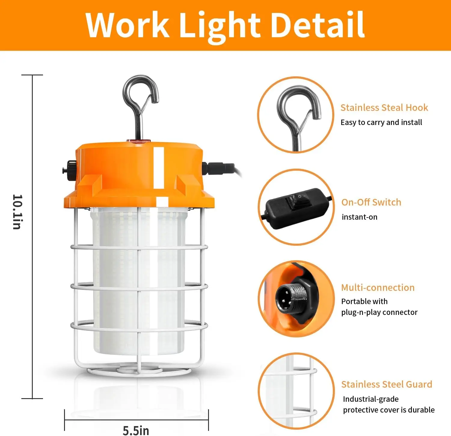 80W LED Temporary Work Light 12000lm 5000K Daylight White Portable Hanging Construction Lighting Led High Bay Light for Workshop