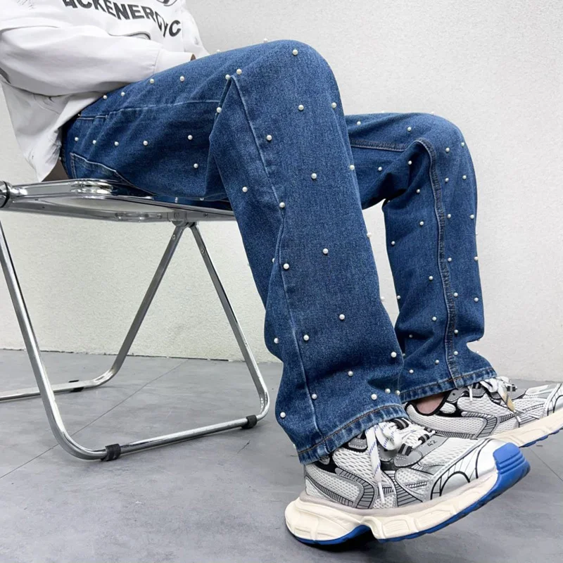 Men Bead Streetwear Fashion Hip Hop Vibe Loose Casual Wide Leg Straight Denim Jeans Baggy Pant Man Boyfriend Jeans Trousers