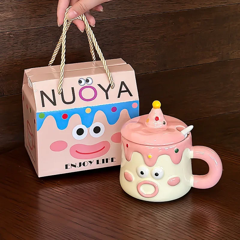 

Cute cartoon ceramic water cup couple style with lid spoon hand-painted mug funny expression cup for girls practical