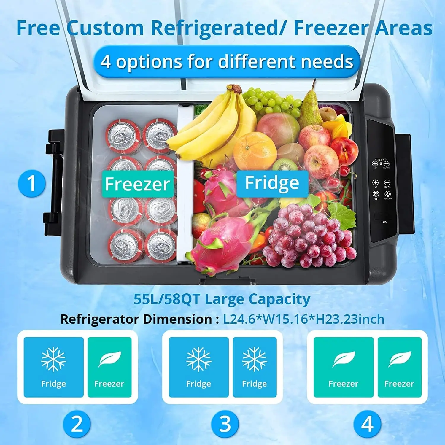 Portable 55L Refrigerator, 58 Quart RV Car Fridge with Dual Zone APP Control, -4℉-68℉ 12/24V DC & 110-240V AC,  Camping Freezer