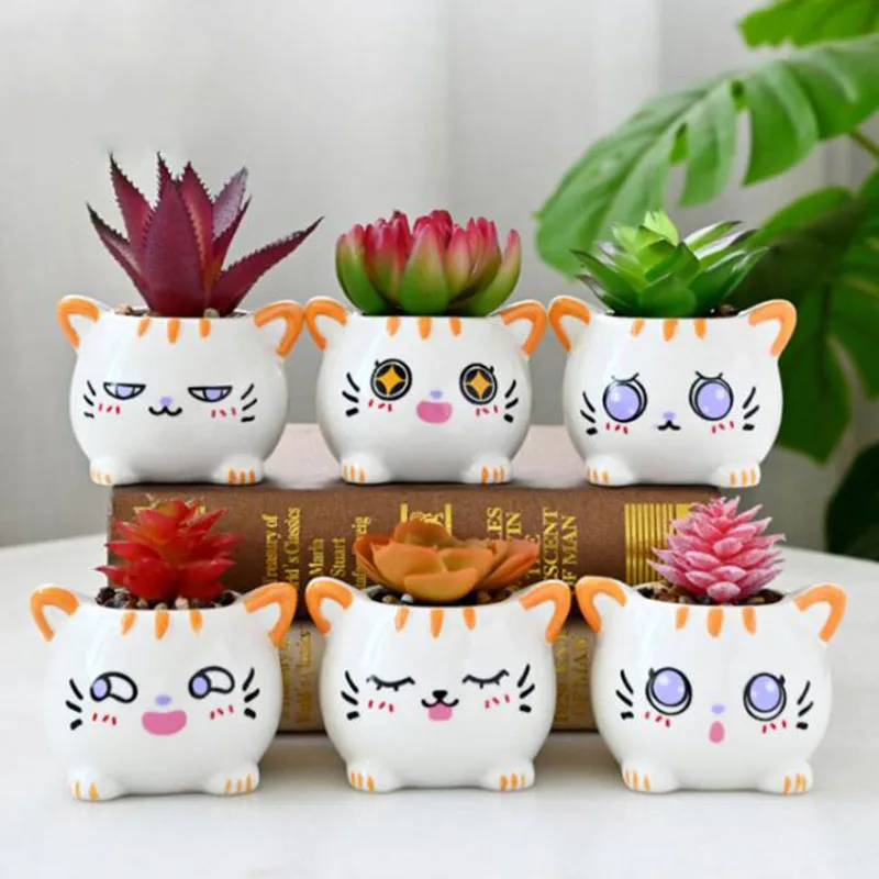 Cartoon Cat Porcelain Succulent Plant Pot Bonsai Vase Flowerpot Ceramic Crafts Desktop Ornaments Home Garden Decor