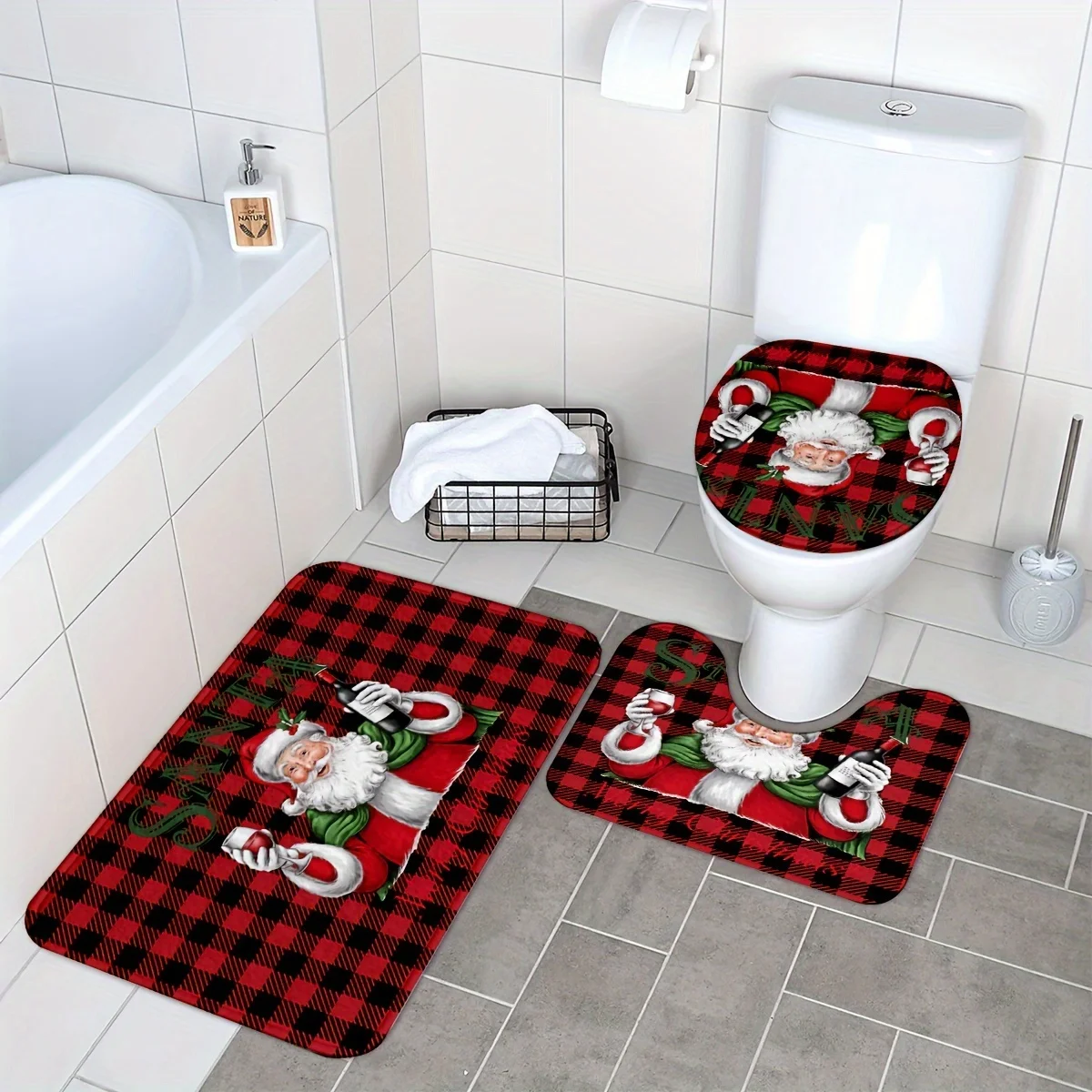 3pcs Santa Claus Bath Mat Set with Toilet Lid Cover + U-Shaped Floor Mat, Non-Slip Machine  Christmas Decor for Bathroom