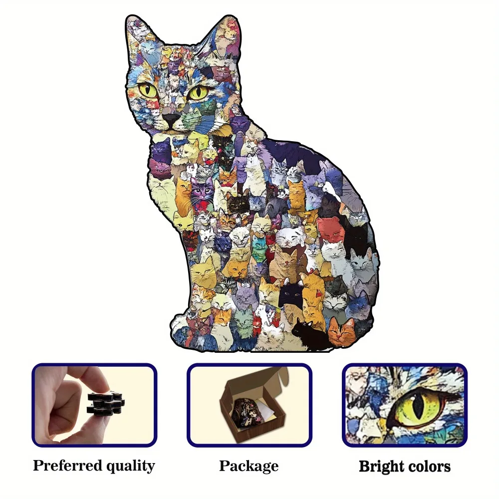 Unique Wooden Cat Puzzle - Cute Irregular Kittens, Stress-relieving Game for Puzzle Enthusiasts on Festivals & Special Occasions