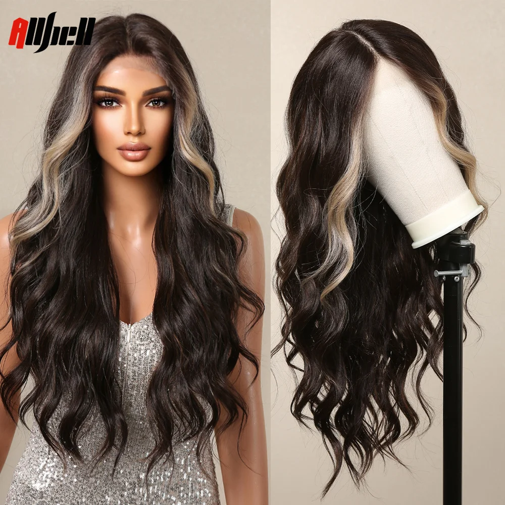 

Lace Front Synthetic Wigs Dark Brown Blonde Highlights Long Natural Wavy Lace Wig for Women Brazilian Daily Hair Heat Resistant