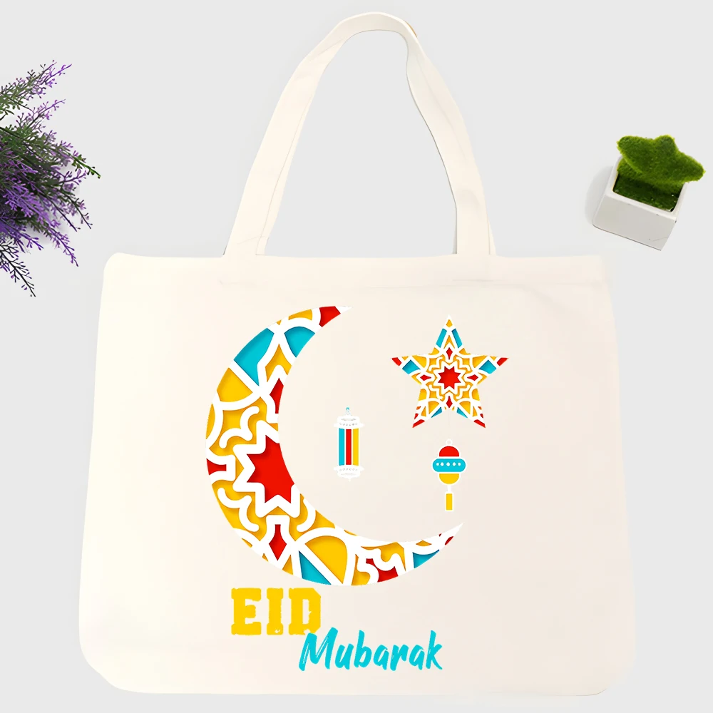 Women's crescent moon and star patterned canvas tote bag, casual style for daily shopping and Eid celebrations